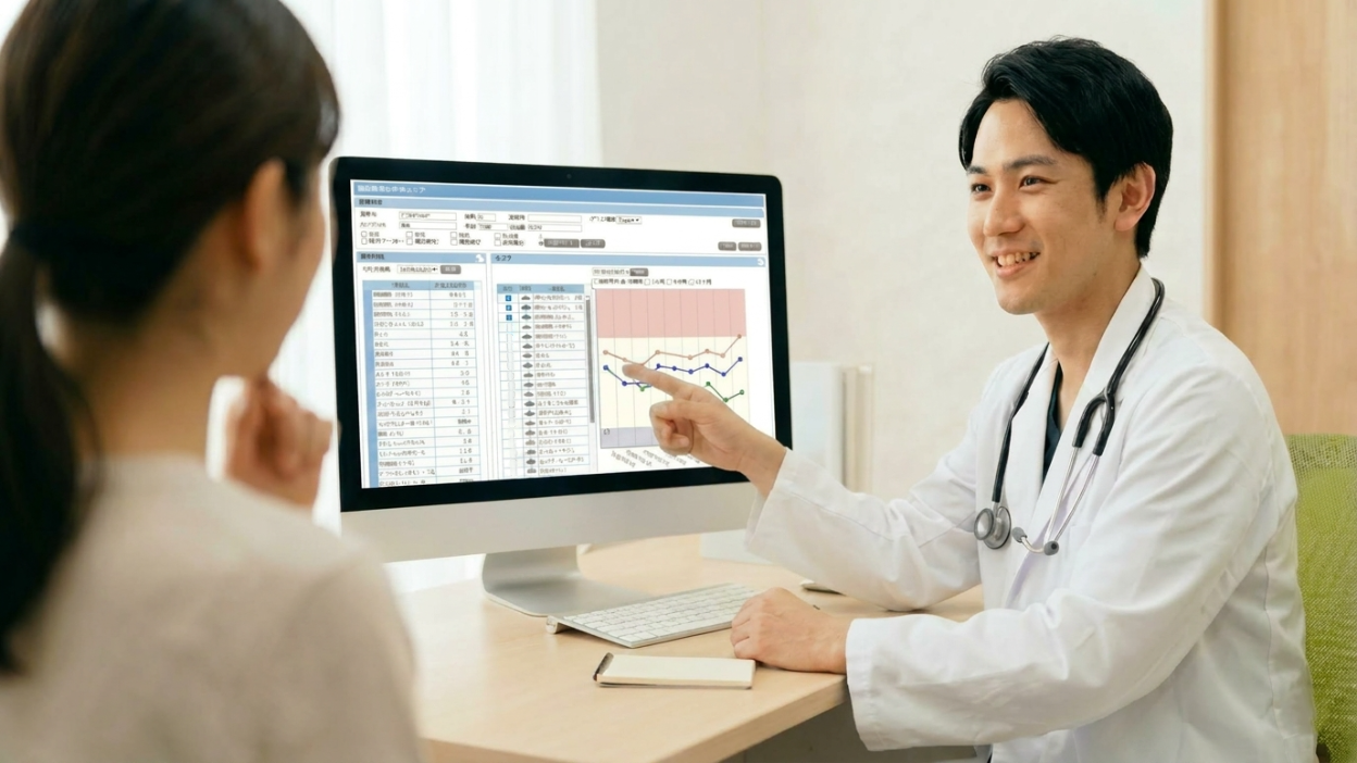 時系列グラフで検査履歴を確認する医師